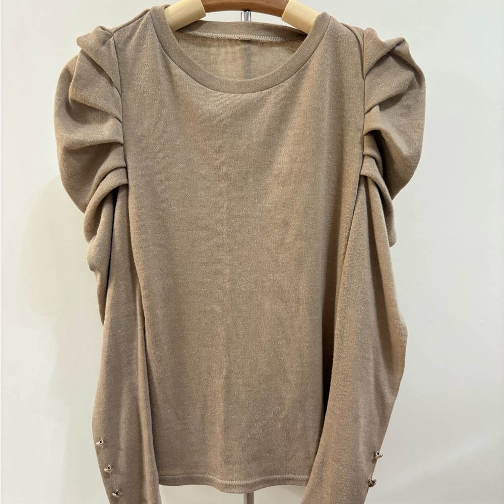 tan ruched long sleeve blouse